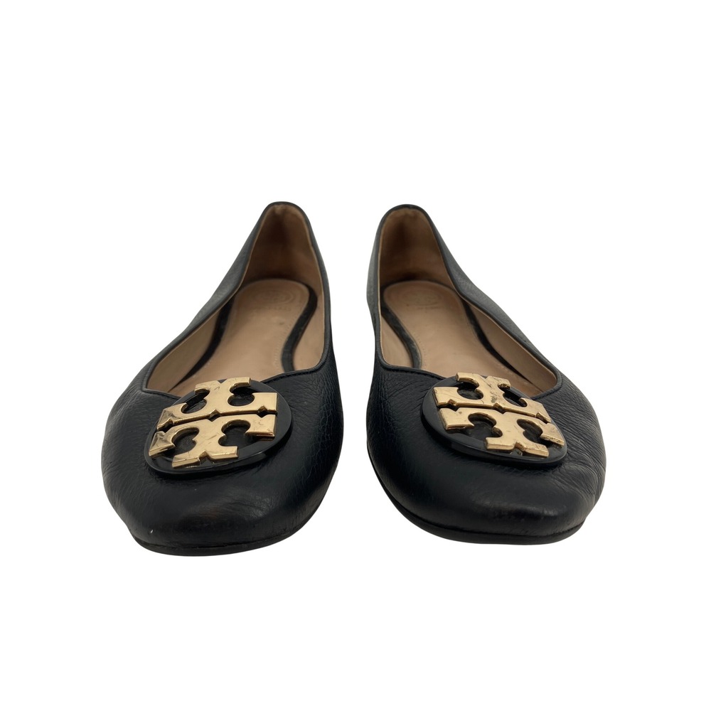 Tory Burch Minnie Ballet Flat Womens 8 Black Gold Logo Medallion Leather